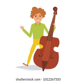 Man playing on contrabass. Vector. Cartoon. Isolated art on white background. Flat