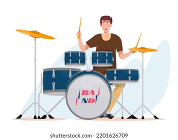 Man playing on a drum set. Drummer playing on the drum kit, cymbals. Musical band vector illustration. Musical instrument and musician. 