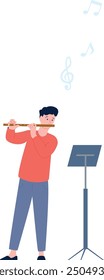 Man playing on flute. Musician boy color character