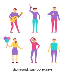 Man playing on guitar, woman with flapper and balloons, dancing and having fun, man celebrating birthday, glass of champagne, birthday party characters