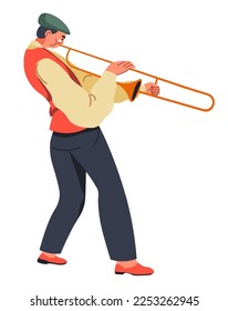 man playing on a musical instrument, isolated saxophonist giving performances or practicing. Training for contest or concerts, performer and musician. Cartoon character, vector in flat style