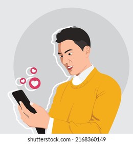 Man playing on phone, pressing love and looking at beautiful pictures from social media.