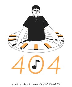 Man playing on piano black white error 404 flash message. Young man hobby. Monochrome empty state ui design. Page not found popup cartoon image. Vector flat outline illustration concept