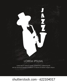 Man playing on saxophone against. Vector poster for the jazz festival  Perfect for music events, jazz concerts.
