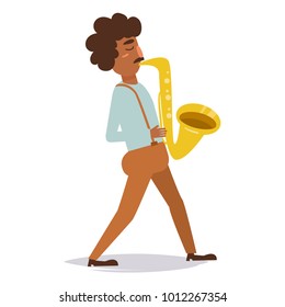 Man playing on saxophone. Vector. Cartoon. Isolated art on white background. Flat