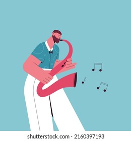 Man playing on saxophone. Vector flat illustration with jazz performer. Music addicted. Music festival. Jazz festival. 