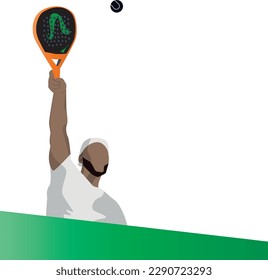 man playing padel. Vector illustration of a man in a white t-shirt with a beard and cap doing a smash with his arm raised as he holds a paddle tennis racket to get to the ball at the top.
