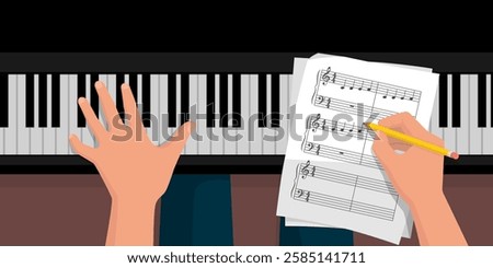 Man playing the piano and composing music, he is writing notes on a sheet music