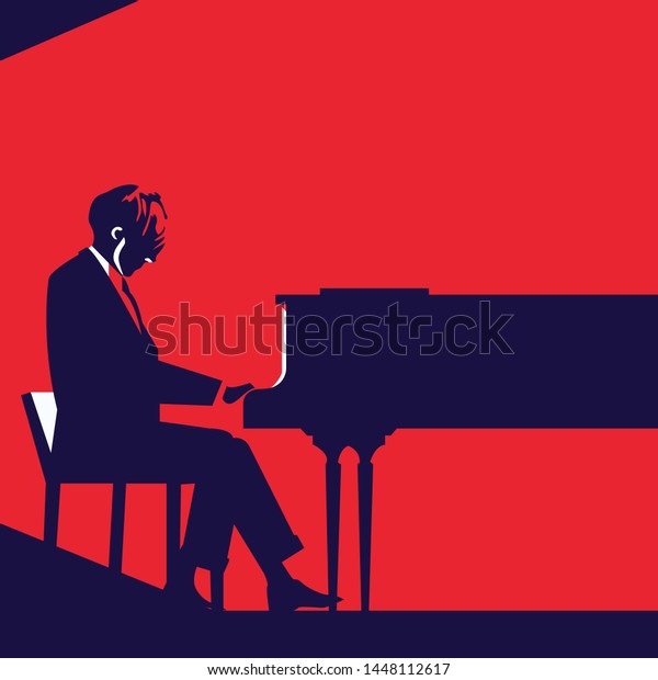 Man playing piano silhouette. Stylish\
pianist poster background cartoon\
illustration