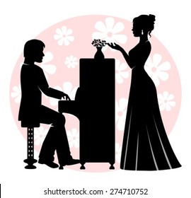 man playing the piano, and the woman in a long dress is singing