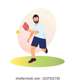 Man playing pickleball. Athlete, human figure with racket and ball. Outdoor sports. Active pickleball game for whole family. For any digital graphic on print design. Vector illustration