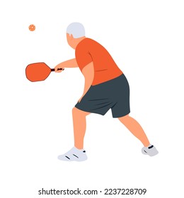 A man playing pickleball. Elderly people lead an active lifestyle. Old man goes in for sports plays pickleball. isolated flat illustration