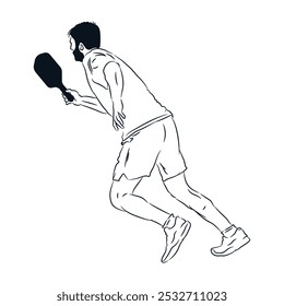 Man playing pickleball, hand drawn line sketch cartoon vector illustration