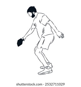 Homem jogando pickleball, desenhado à mão esboço desenho animado vetor ilustração