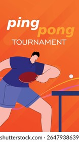 Man playing ping pong, bright orange background, flat style. Table tennis tournament poster design, championship. Sports school banner, sport goods store decor, tennis club