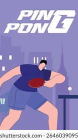 Man playing ping pong in the park, vector illustration sport outdoor recreation. Poster design table tennis tournament, competition, sport club. Healthy lifestyle, friends competition