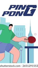 Man playing ping pong, racket in hand, table, background urban buildings city contours. Table tennis tournament poster, racket sport game, hobby activity, training