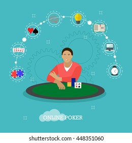Man playing poker on a table. People in casino concept vector illustration in flat style. Online card game design elements and icons. Cards, chips.