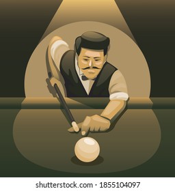 Man playing pool. professional billiard player pose shot ball concept in cartoon noir illustration vector