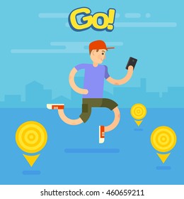 Man playing popular game on smartphone on the move. Searching the map,finding and catching creatures in the city, searching balls. GO symbol design. Flat vector illustration.