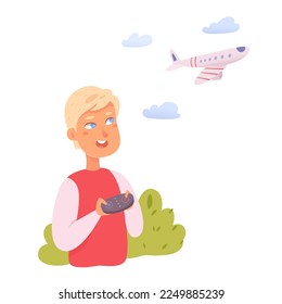 Man playing with radio controlled plane vector illustration. Cartoon happy pilot holding device in hands to control RC airplane model with wings flying in sky, aeromodelling fun hobby of person