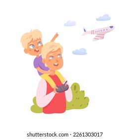 Man playing with radio controlled plane vector illustration. Cartoon happy pilot holding device in hands to control RC airplane model with wings flying in sky, aeromodelling fun hobby of person