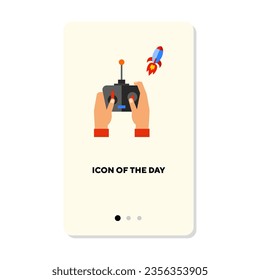 Man playing radio controlling rocket isolated on white. Hobby and leisure cartoon illustration. Relaxing and activity concept. Vector illustration symbol elements for web design and apps