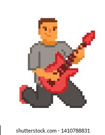 Man playing red electric guitar standing on his knees, old school 8 bit pixel art character. Guitarist performing on stage. Rock show. Music shop logo. Retro 80s-90s slot machine/video game graphics. 