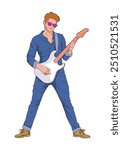 Man playing rock guitar flat vector illustration for design elements. Isolated on white background.	