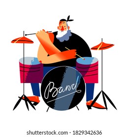 Man playing rock music on drums at concert show. Musician drummer player at modern festival. Popular entertainment scene vector illustration. Male rockstar on white background.