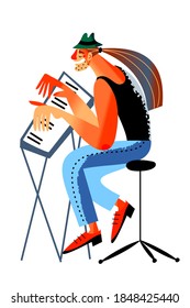 Man Playing Rock Music On Piano At Concert Show. Musician Pianist Player At Modern Festival. Popular Entertainment Scene Vector Illustration. Male Rockstar On White Background.