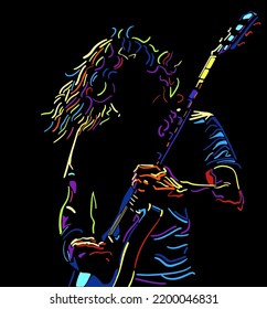 Man playing rock'n roll with guitar. Line art illustration.