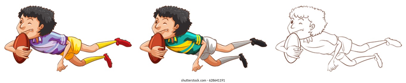 Man playing rugby in three different drawing styles illustration