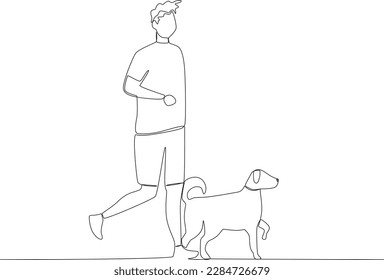 A man playing run with his dog. Walking or playing with dog one-line drawing