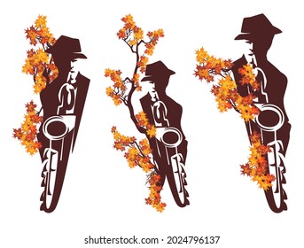 Man Playing Saxophone Among Fall Season Tree Branches With Bright Leaves - Jazz Musician Wearing Hat Autumn Vector Portrait