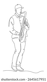 Homem tocando saxofone instrumento de bronze. Desenho de linha contínuo. Ilustração vetorial em preto-e-branco no estilo de arte em linha.