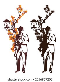 Man Playing Saxophone By Fall Season Tree Branches With Bright Leaves And Street Light - Solo Jazz Musician Wearing Hat Autumn Vector Portrait