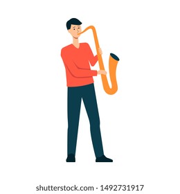 Man is playing saxophone cartoon style, vector illustration isolated on white background. Guy is standing and holding sax, male musician with instrument
