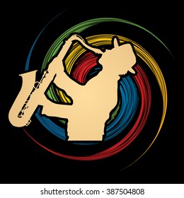 Man playing saxophone, designed on spin wheel background graphic vector.