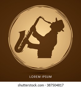 Man playing saxophone, designed on gold circle background graphic vector.