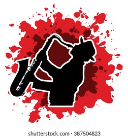 Man playing saxophone, designed on splash blood background graphic vector.