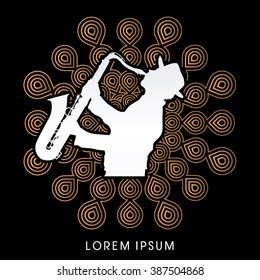 Man playing saxophone, designed on fireworks background graphic vector.