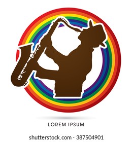 Man playing saxophone, designed on line rainbows background graphic vector.