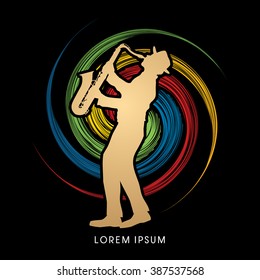 Man playing saxophone, designed on spin wheel background graphic vector.