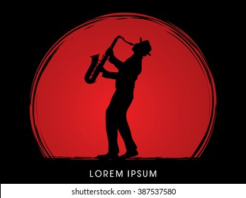 Man playing saxophone, designed on sunset background graphic vector.