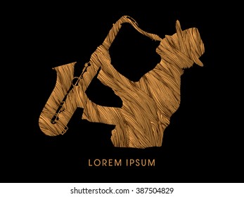 Man playing saxophone, designed using golden grunge brush graphic vector.