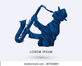 Man playing saxophone, designed using blue grunge brush graphic vector.