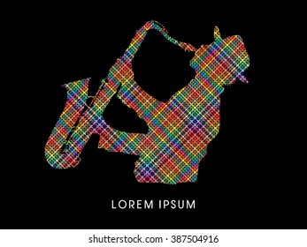 Man playing saxophone, designed using colorful pixels graphic vector.