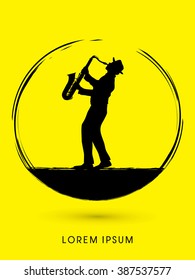 Man playing saxophone, designed using grunge brush graphic vector.