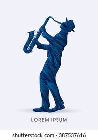 Man playing saxophone, designed using blue grunge brush graphic vector.